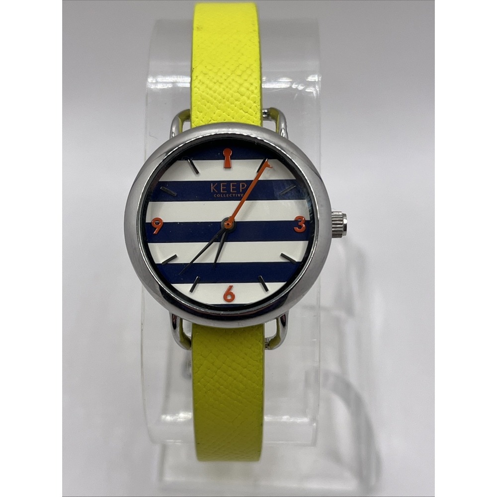 Keep Collective Women's Quartz Watch Lime Green Band Stripped Dial- New Battery